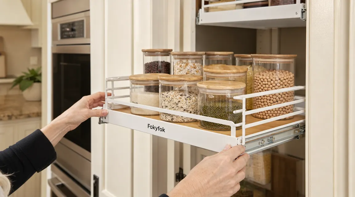 Hands pulling a white slide-out cabinet shelf forward out of a deep pantry cabinet