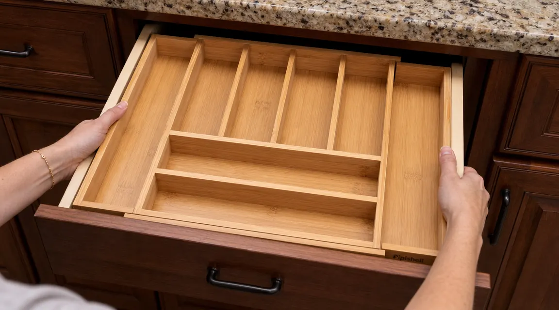 Hands placing a bamboo drawer organizer into a kitchen drawer, adjusting the expandable side panel