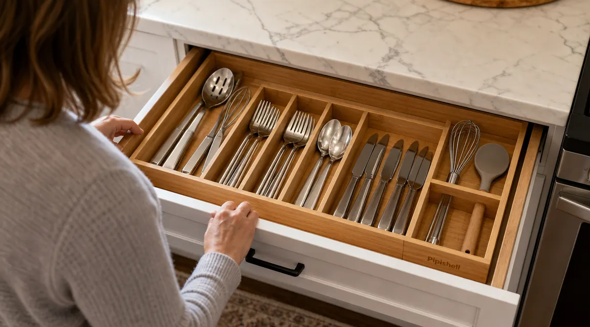 Bamboo drawer organizer expanded to 19 inches fitting a wide kitchen drawer with utensils sorted by category