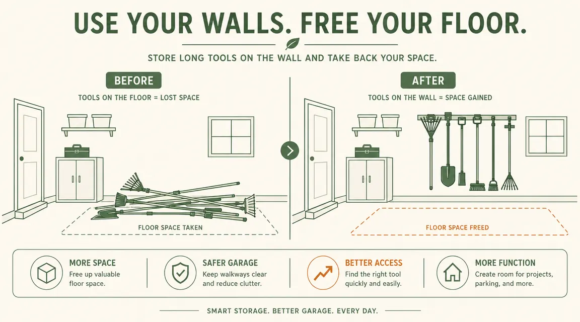 Before and after diagram showing garage wall space used for long tools versus piled on the floor