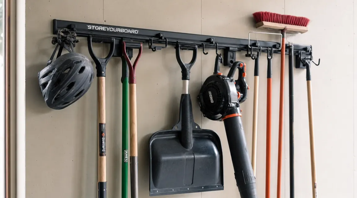 Fully loaded StoreYourBoard rack holding shovels, a leaf blower, brooms, and a bike helmet on garage wall hooks