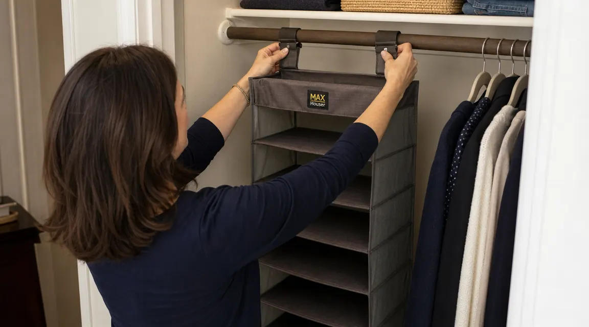 Hand clipping the MAX Houser hanging closet organizer onto a closet rod, shelves unfolding below