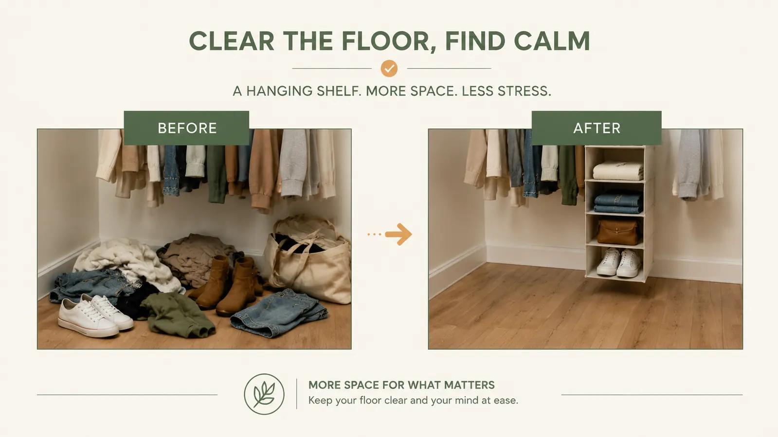 Before and after side-by-side of a messy closet floor versus the same floor cleared after using a hanging shelf