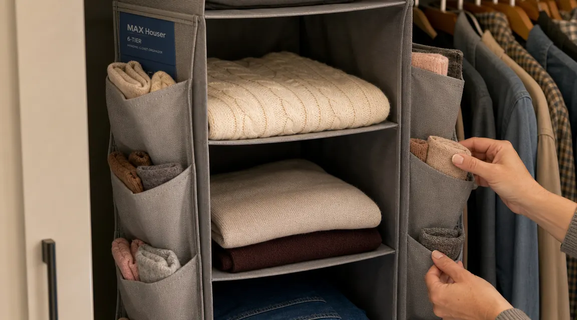 Close-up of the two side pockets on the MAX Houser hanging closet organizer holding socks and scarves