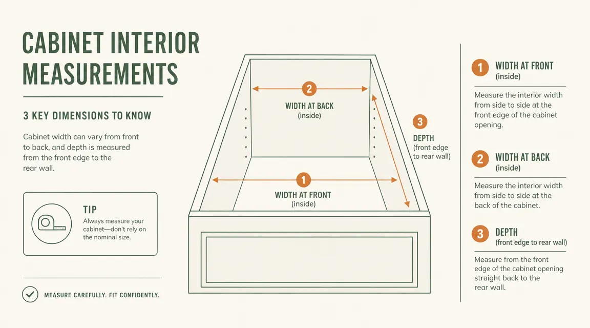 Diagram comparing cabinet interior measurements: width at the front, width at the back, and depth from front edge to rear wall