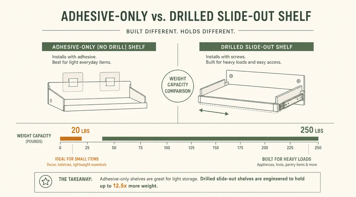 Side-by-side of an adhesive-only no-drill shelf versus a drilled slide-out shelf, with a weight scale showing pounds loaded on each