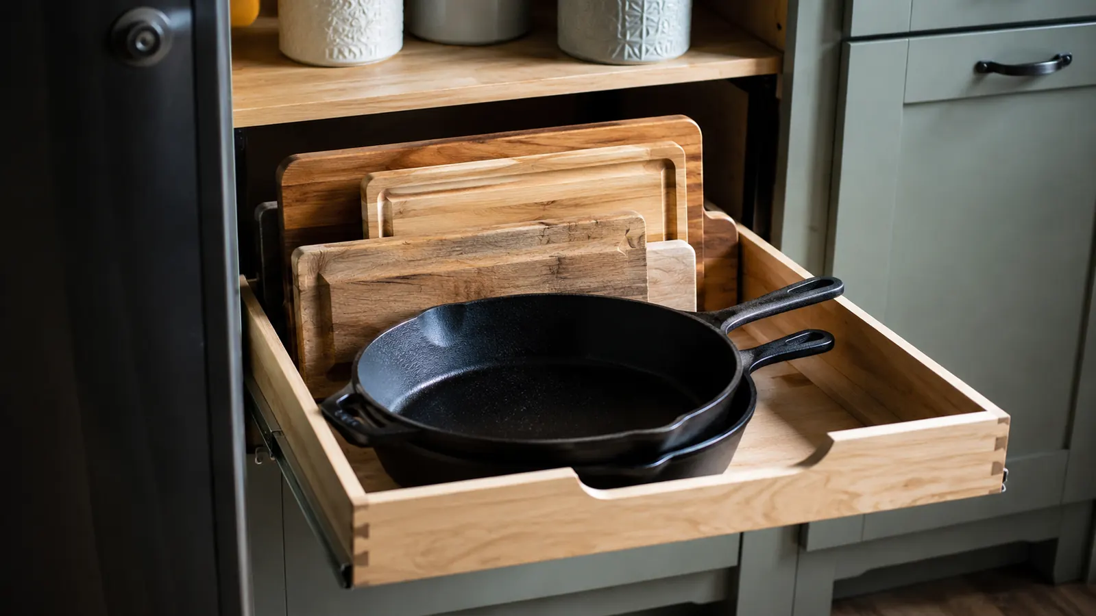 Lower pantry cabinet with pull-out shelf holding two cast iron pans and a stack of cutting boards