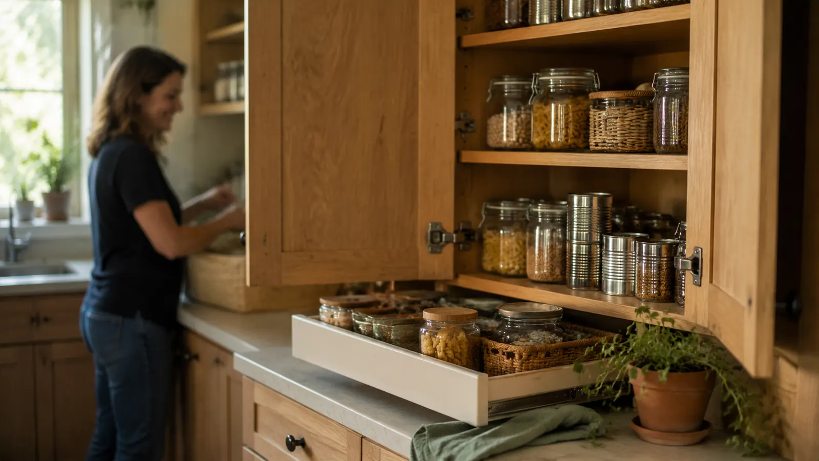 A calm, organized bedroom closet in warm morning light, clothes neatly folded on a hanging shelf