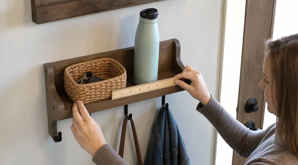 Top-down view of the 4.5-inch shelf surface with a ruler laid across it showing the depth, a key basket and a water bottle next to each other where the bottle hangs over the edge