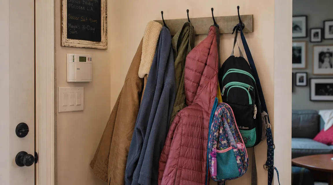 A four-person family's entryway showing four coats, two backpacks, and a dog leash all loaded onto a 24-inch rack, hooks visibly full