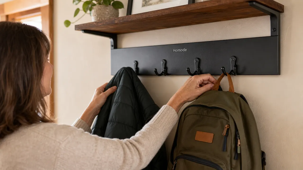 Close-up of Homode coat rack double hooks holding a heavy winter jacket and a backpack