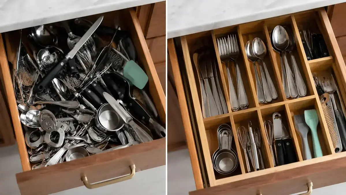 Before and after comparison of a chaotic utensil drawer versus the same drawer neatly organized with bamboo dividers