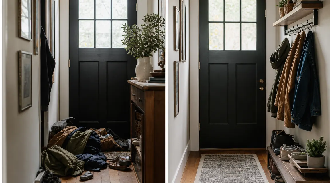 Before-and-after split: cluttered entryway floor with pile of coats vs tidy wall-mounted hook shelf