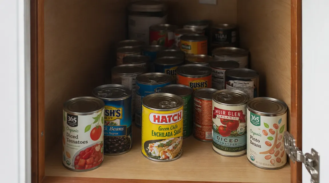 Interior of a deep kitchen cabinet showing canned goods stacked and pushed to the back, before any organizer installed