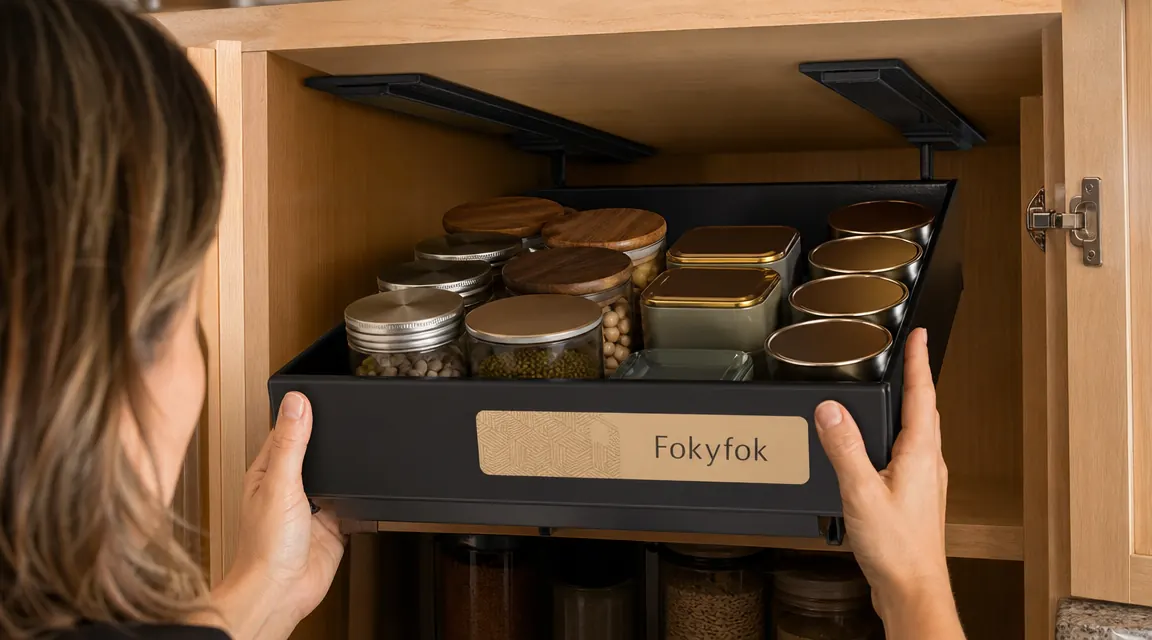 Close-up of adhesive mounting rails on the underside of a cabinet shelf, no screws or holes visible