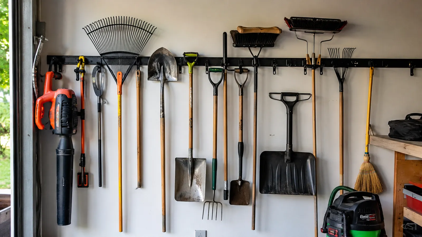 Fully loaded 72-inch garage tool rack with rakes, brooms, shovels, and a leaf blower hanging neatly on hooks