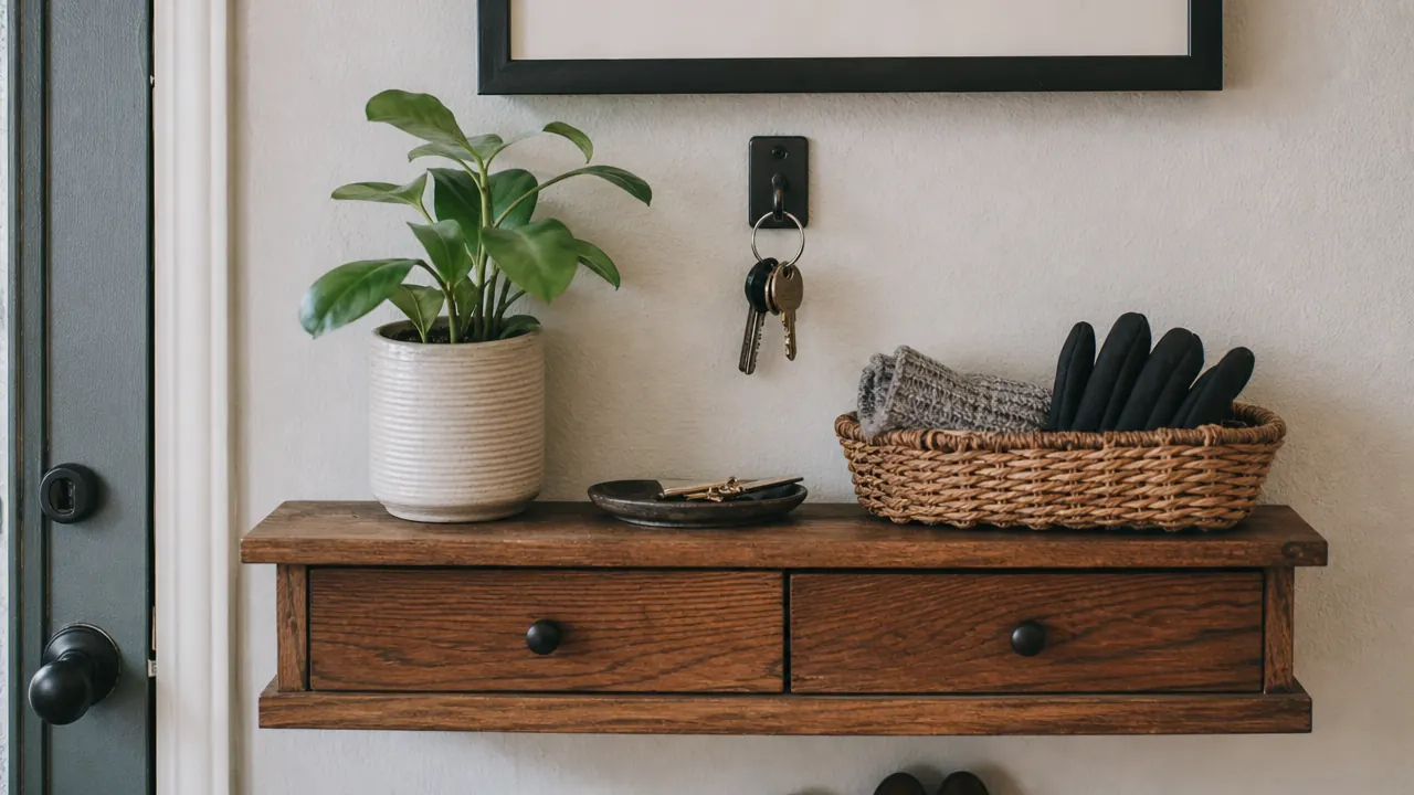 Entryway shelf styled with a small plant, keys on a hook, and a woven basket for gloves