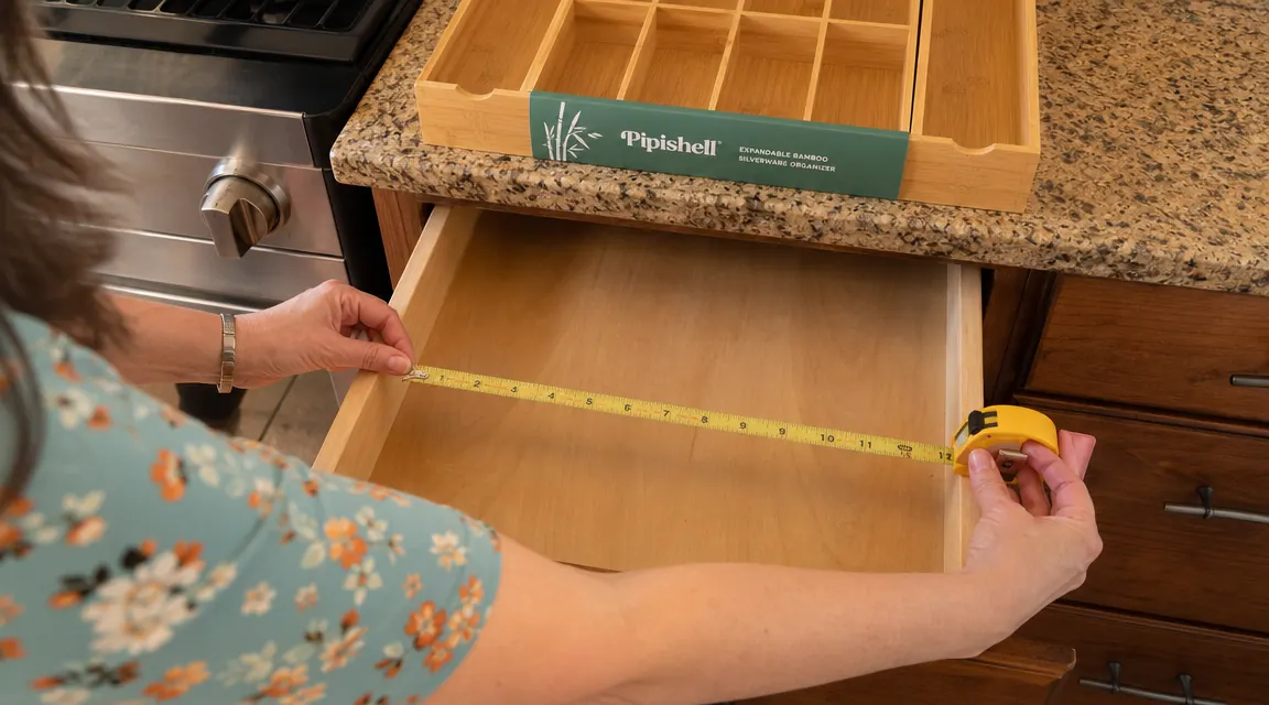 Hands measuring the interior width of a kitchen drawer with a tape measure before placing a bamboo organizer tray
