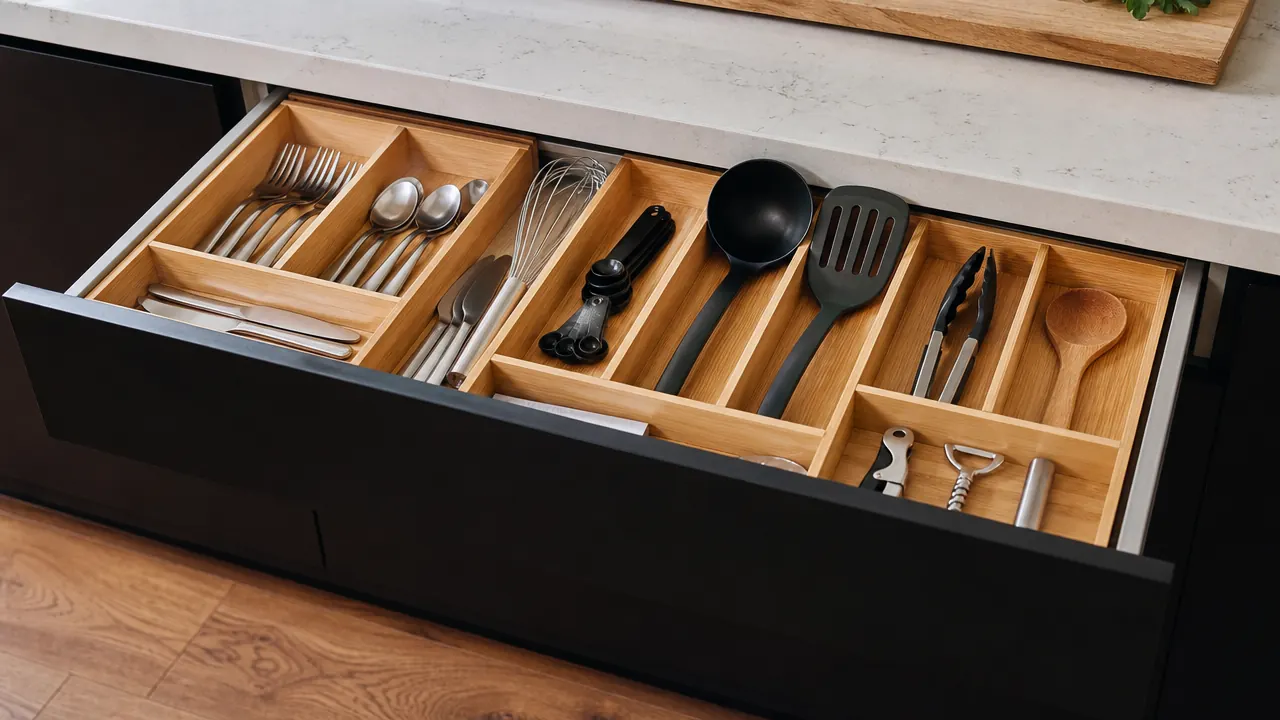 Finished organized kitchen drawer with bamboo dividers, all utensils in place, drawer partially open