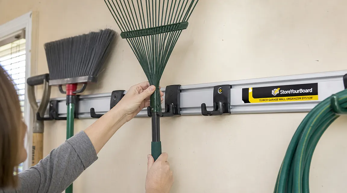 Hands hanging a garden rake on a large double hook on the StoreYourBoard wall-mount organizer