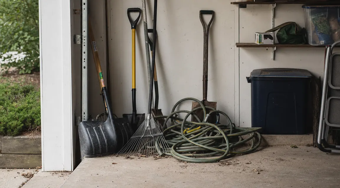 Before view of a cluttered garage floor with shovels, rakes, and hoses piled in the corner
