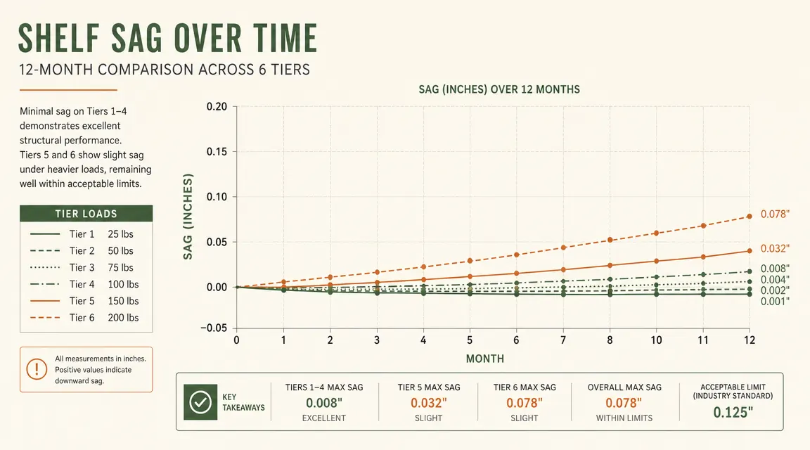 Chart comparing shelf sag across 6 tiers over 12 months, showing minimal sag on tiers 1 through 4 and slight sag on tiers 5 and 6 under heavier loads