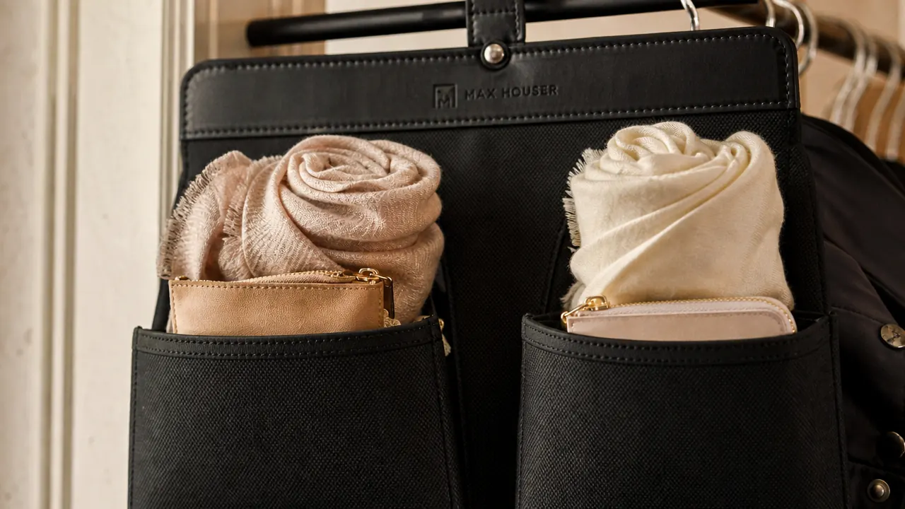 Close-up of the two side pockets on the MAX Houser hanging shelf, each holding a rolled scarf and a small clutch bag