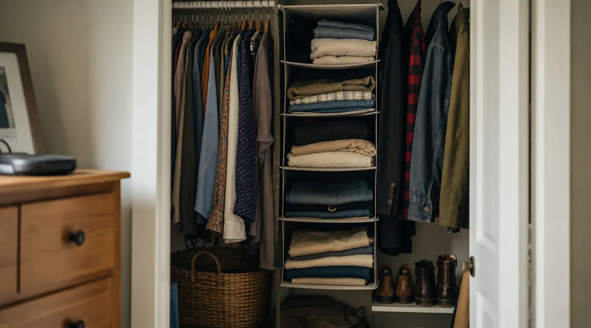 Tidy small bedroom closet with a hanging shelf keeping folded clothes visible and neatly stacked