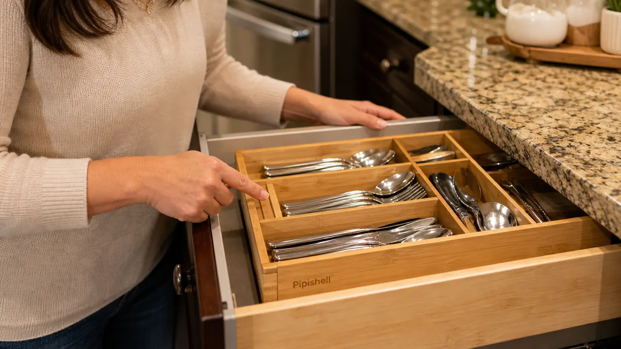 Hand pointing to the fixed expansion stop on the side rail of a Pipishell bamboo drawer organizer