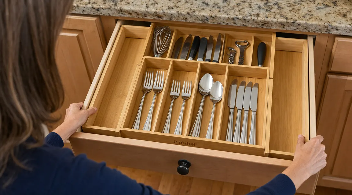 Hands adjusting the expandable bamboo tray to fit a wider kitchen drawer, showing the sliding extension panels