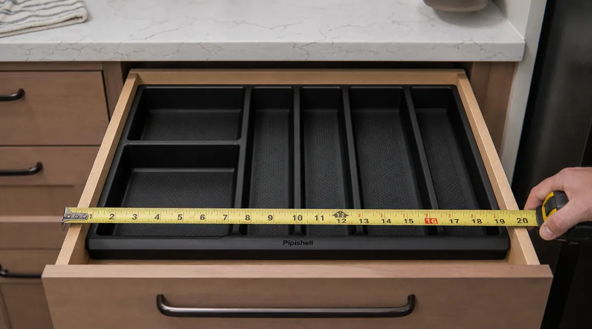 Ruler measuring a kitchen drawer opening at 18.5 inches wide, showing the Pipishell tray sitting flush against both sides