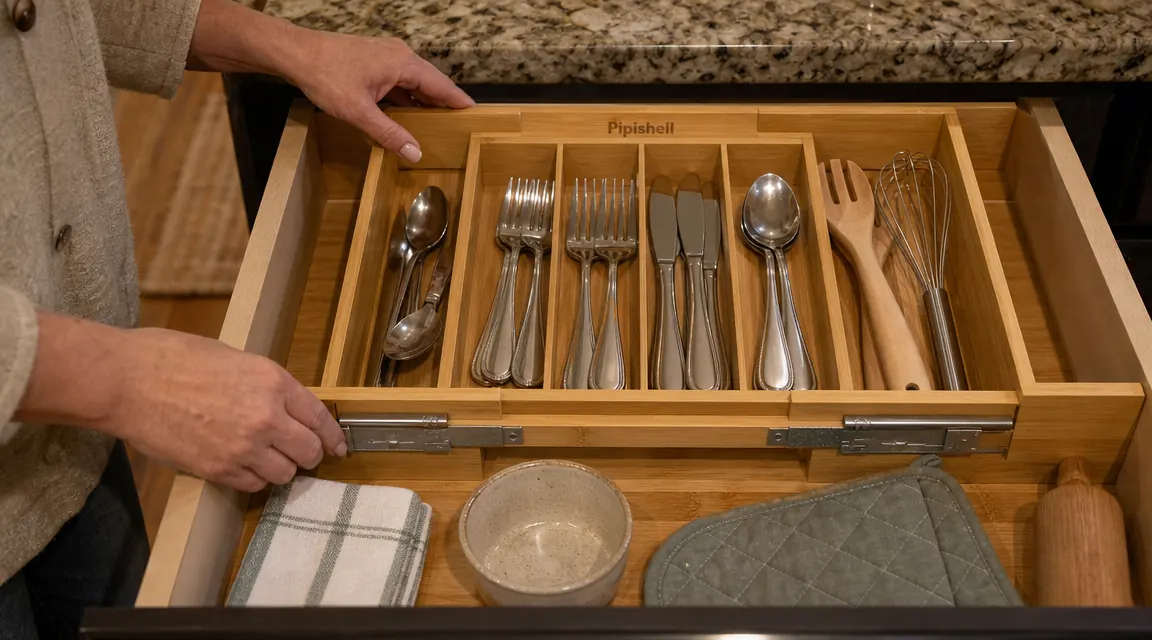 Pipishell bamboo organizer expanded inside a kitchen drawer showing the adjustment mechanism