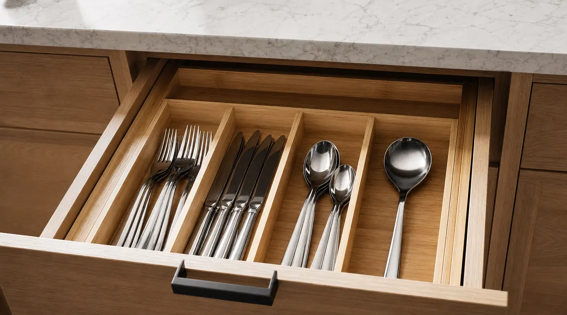 Fully organized kitchen drawer with bamboo silverware tray holding forks, knives, spoons, and a serving spoon in the large slot