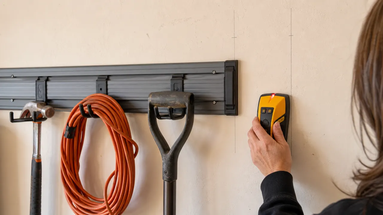 Hand holding a stud finder against a garage wall next to a mounted steel tool rail, showing stud location marks in pencil