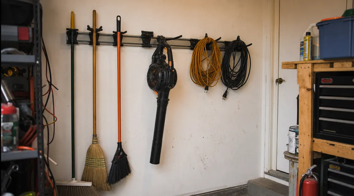 Garage wall corner with brooms, a leaf blower, extension cords, and a bike helmet all hanging on hooks, no tools on the floor