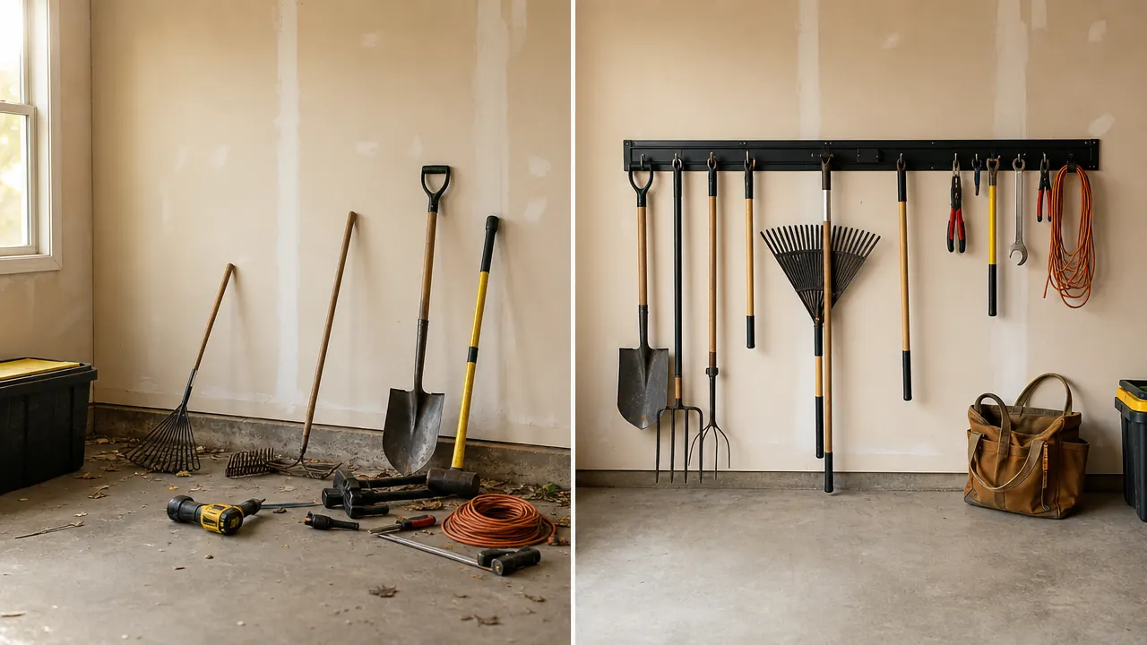 Before-and-after split image of the same garage wall section, left showing tools piled on the floor, right showing them hanging on a wall rail