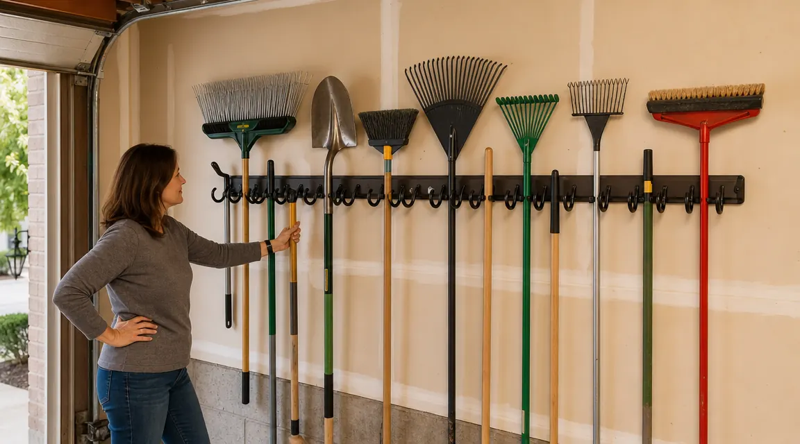 StoreYourBoard 72-inch garage tool organizer mounted on a stud wall with 15 hooks holding garden tools