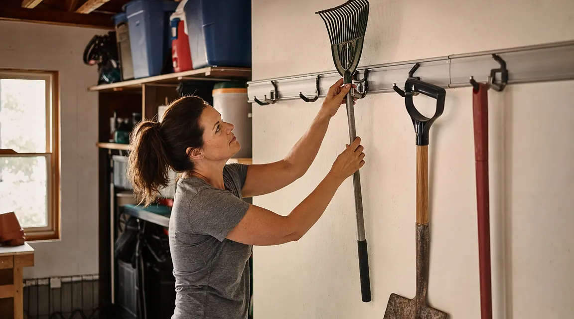 Woman in garage reaching up to hang a garden rake on a wall-mounted tool organizer rail